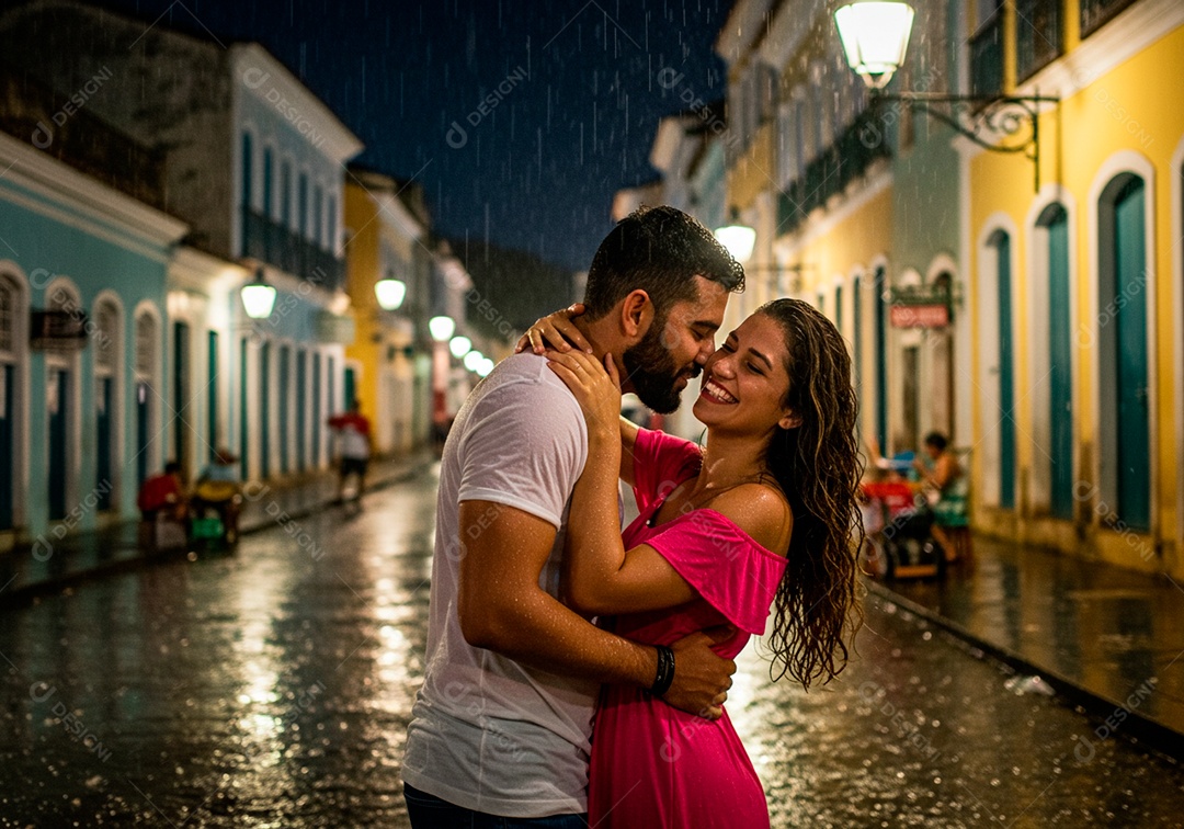Lindo casal apaixonados sorridente e felizes em uma rua cidade deserta