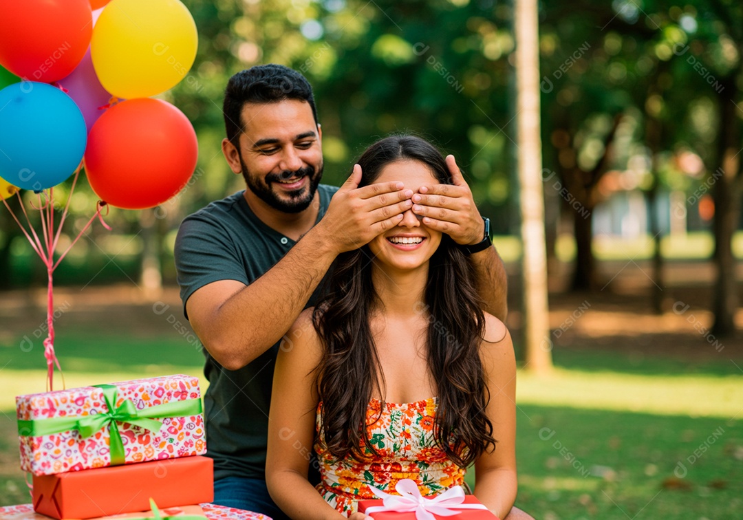 Lindo casal apaixonados sorridente e felizes em um parque casual