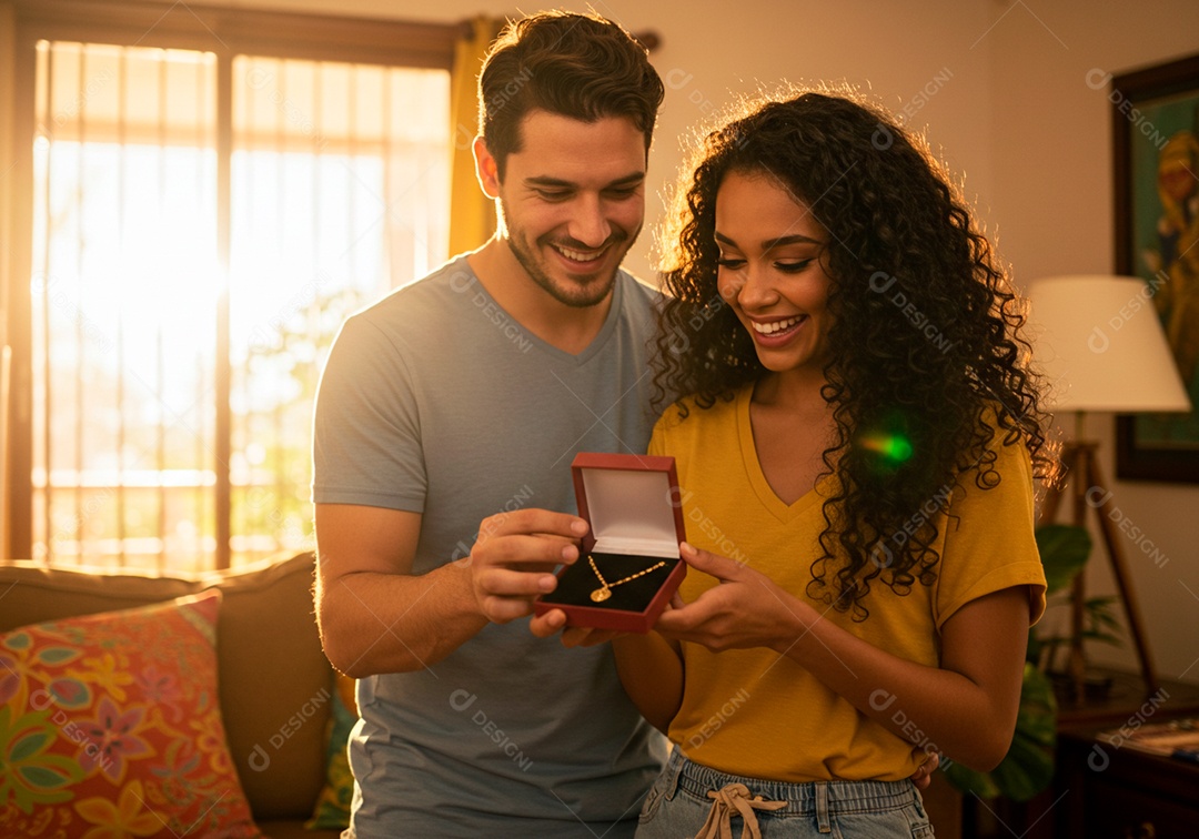 Lindo casal apaixonados sorridente e felizes em sua Residência se preseteando