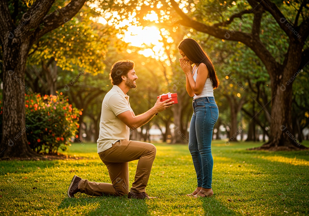 Lindo casal apaixonados sorridente e felizes em um parque casual
