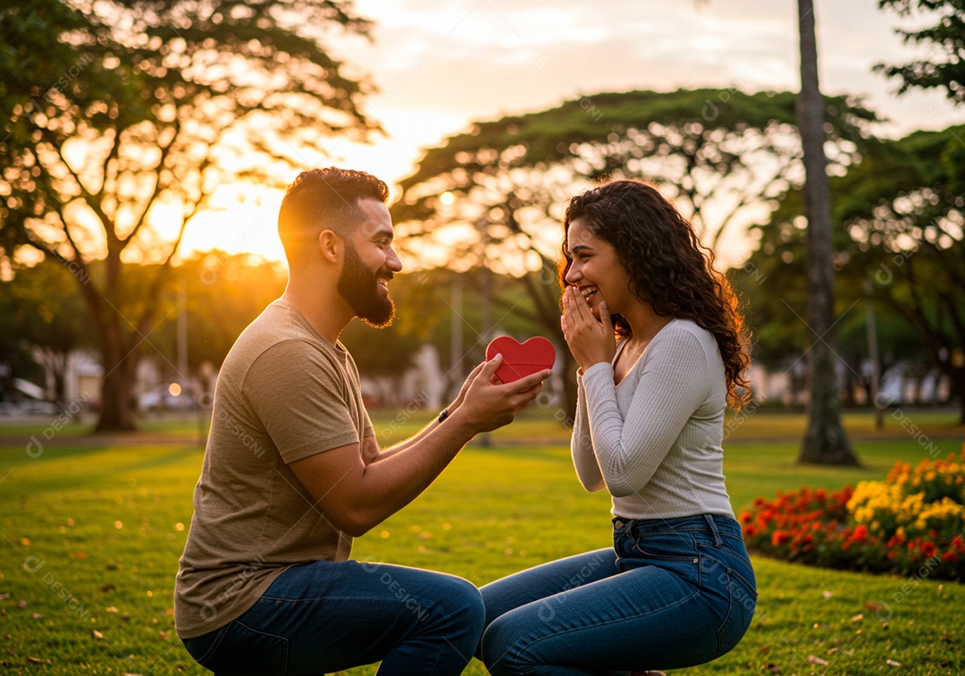 Lindo casal apaixonados sorridente e felizes em um parque casual