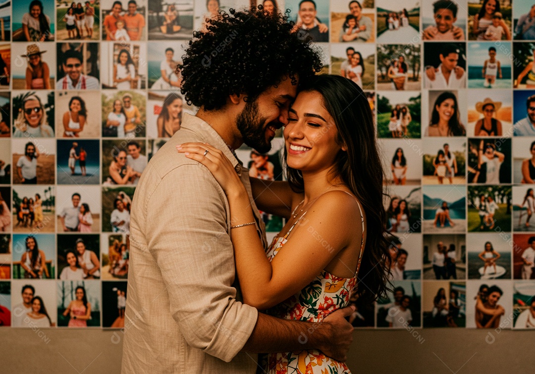 Lindo casal apaixonados sorridente e felizes em um local público