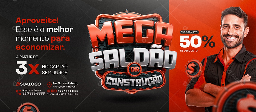 Banner Mega Saldão Da Construção Com Até 50% de Desconto Social Media PSD Editável