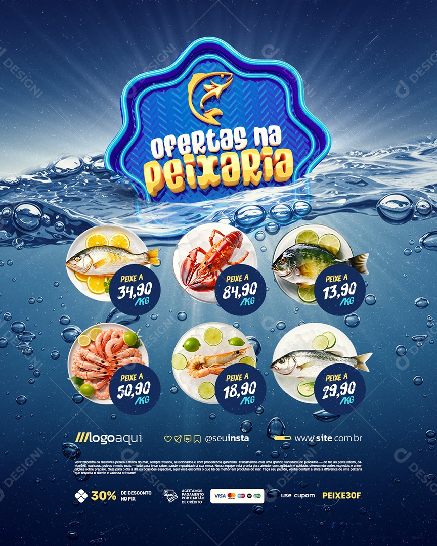 Ofertas na Peixaria Peixes Lagosta e Camarão Social Media PSD Editável