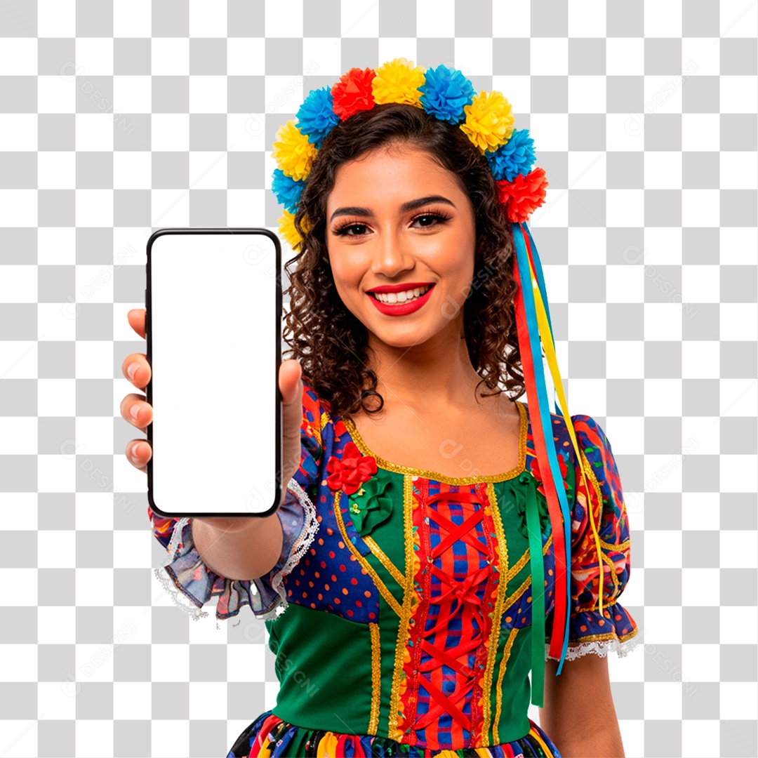 Mulher com Roupa de Festa Junina Segurando Celular PNG Transparente