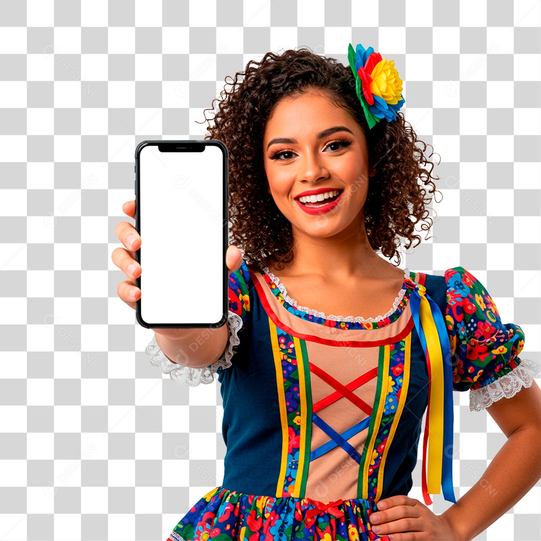 Mulher com Roupa de Festa Junina Segurando Celular PNG Transparente
