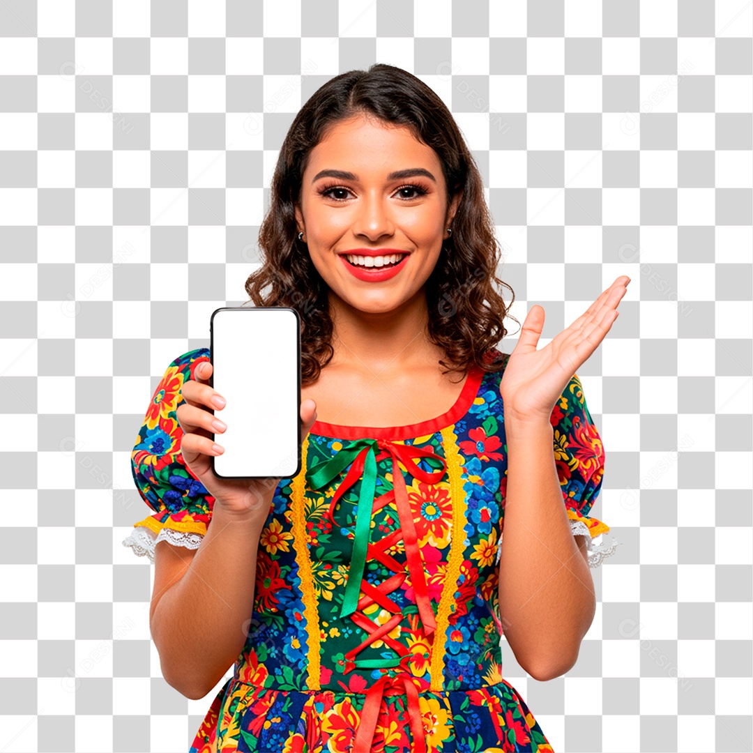 Mulher com Roupa de Festa Junina Segurando CelularPNG Transparente