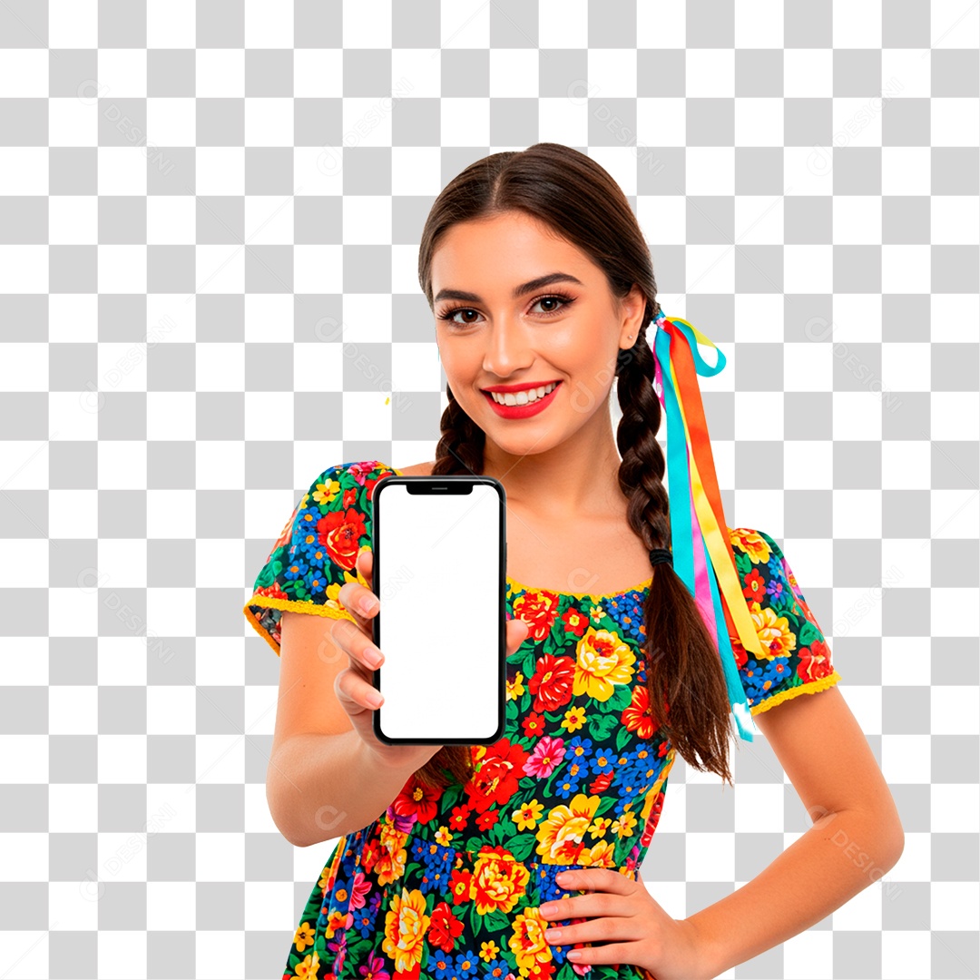 Mulher com Roupa de Festa Junina Segurando Celular PNG Transparente