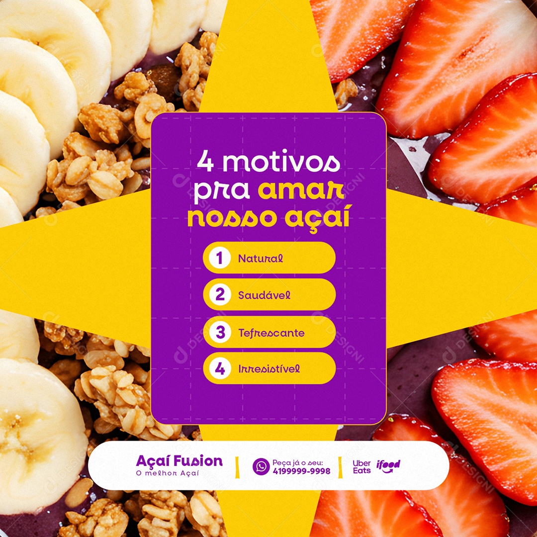 Açaiteria Quatro Motivos pra Amar Nosso Açaí Social Media PSD Editável