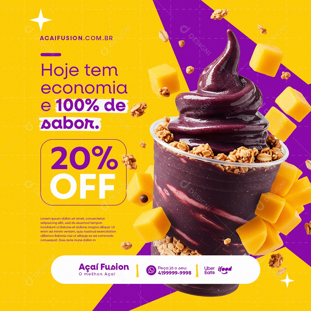 Açaiteria Hoje Tem Economia e 100% vde Sabor Social Media PSD Editável