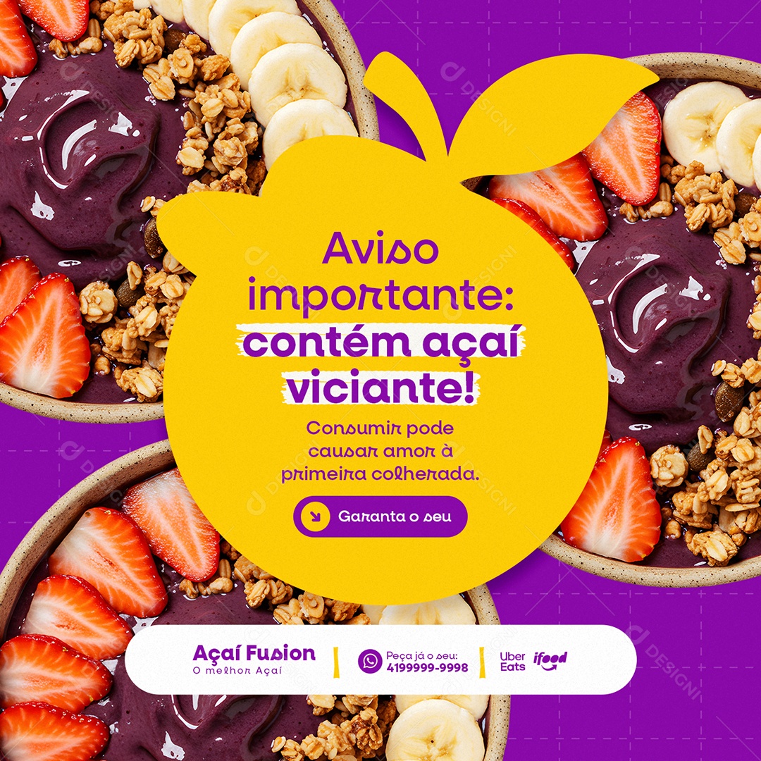 Açaiteria Aviso Importante Contém Açaí Viciante Social Media PSD Editável