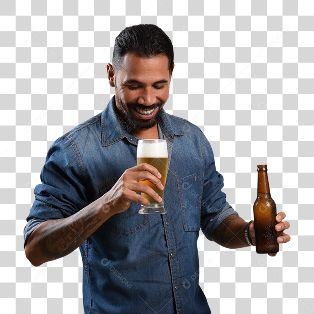 Homem com Copo e Garrafa de Cerveja PNG Transparente