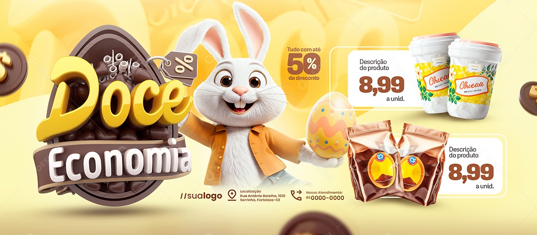 Banner Doce Economia Supermercado Tudo com Até 50% Social Media PSD Editável