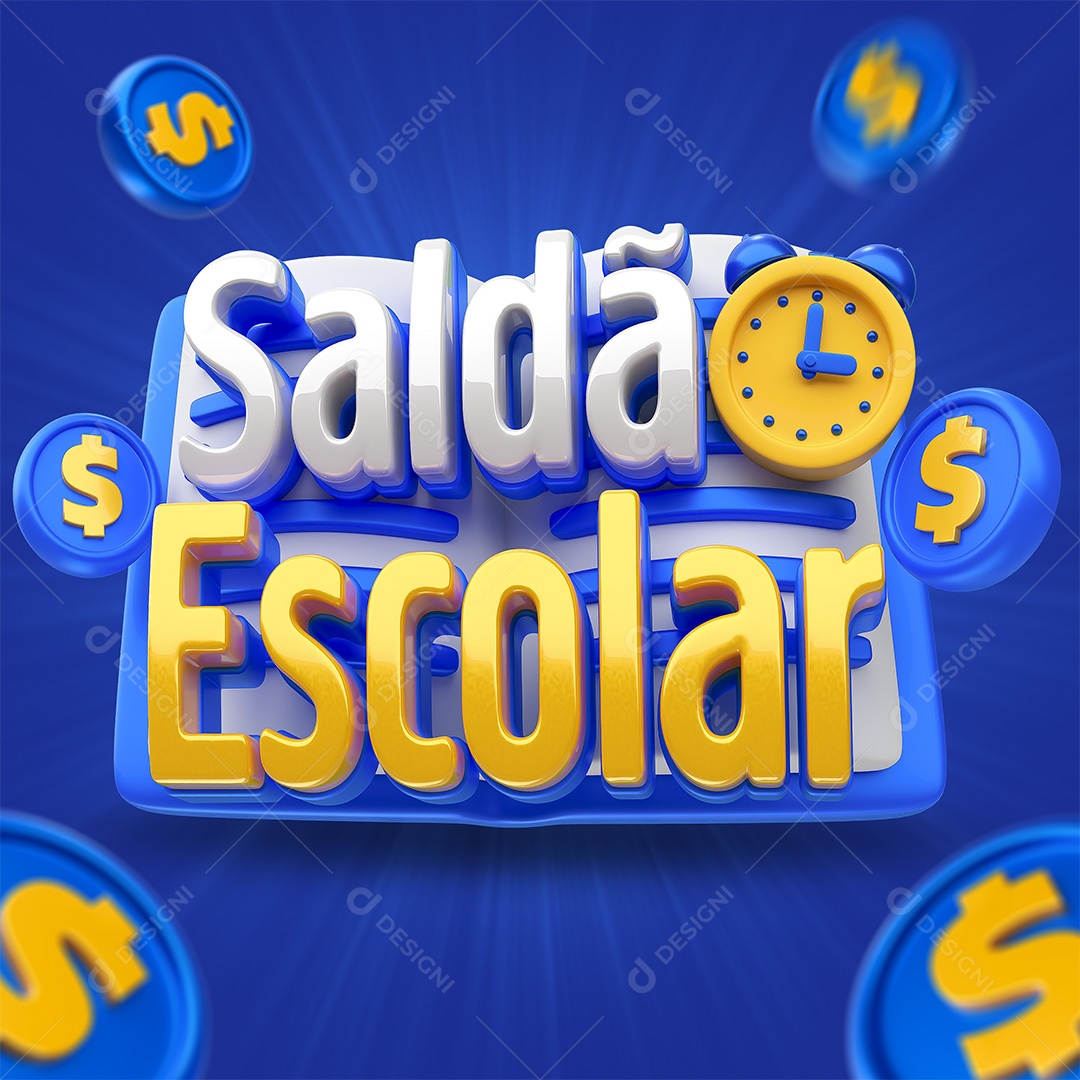 Saldão Escolar Selo 3D Branco Azul e Dourado para Composição PSD