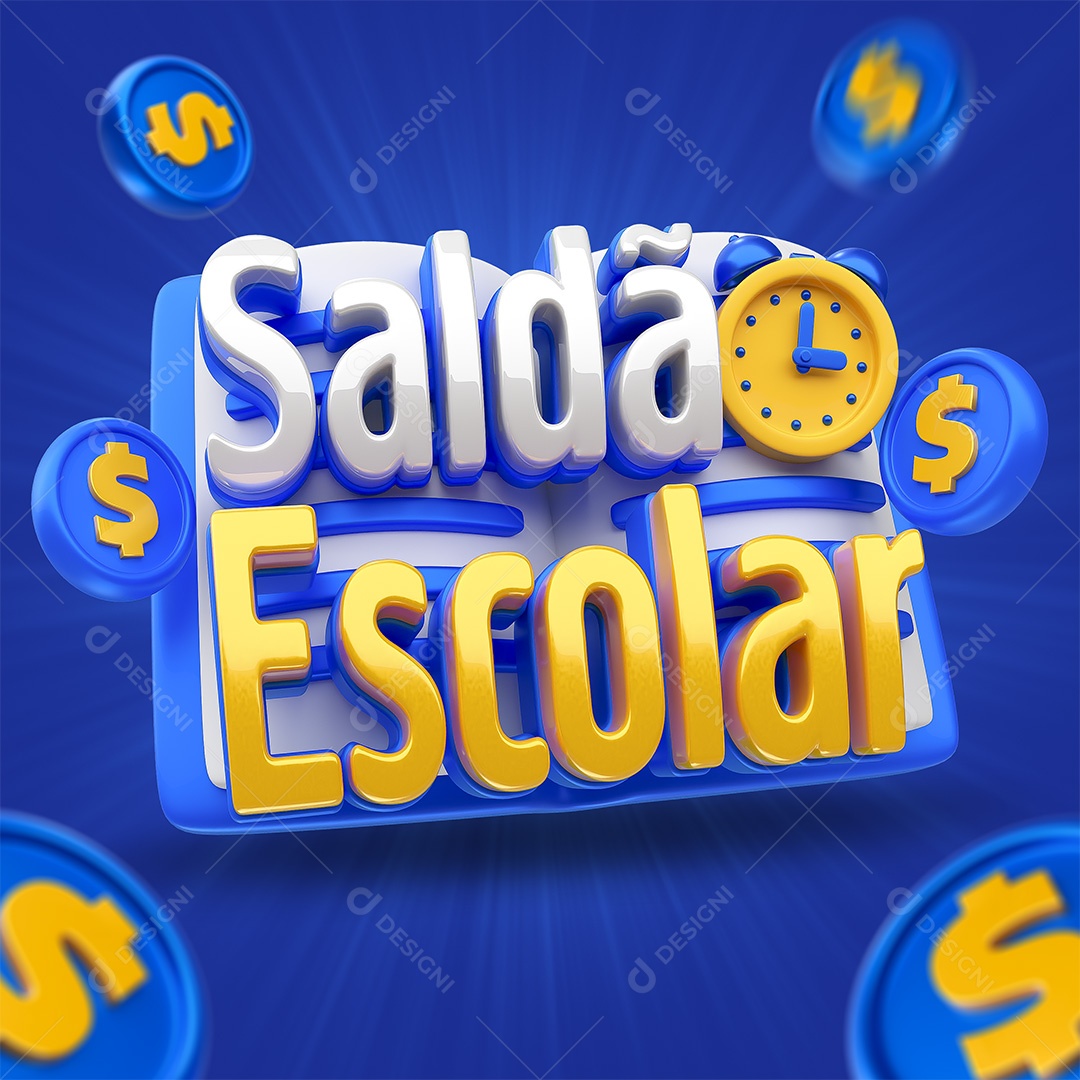 Saldão Escolar Selo 3D Branco Azul e Dourado para Composição PSD