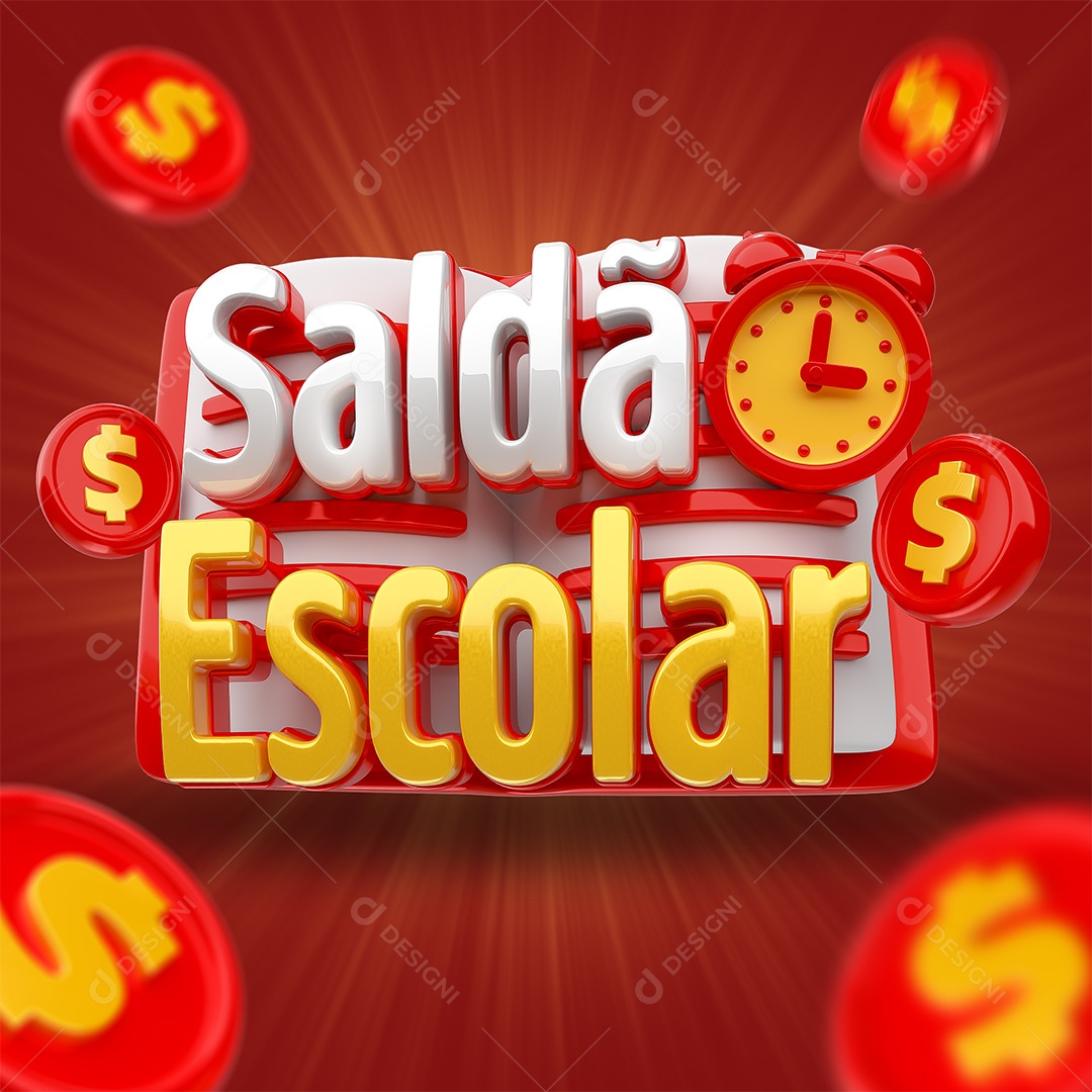 Saldão Escolar Selo 3D Branco Vermelho e Dourado para Composição PSD