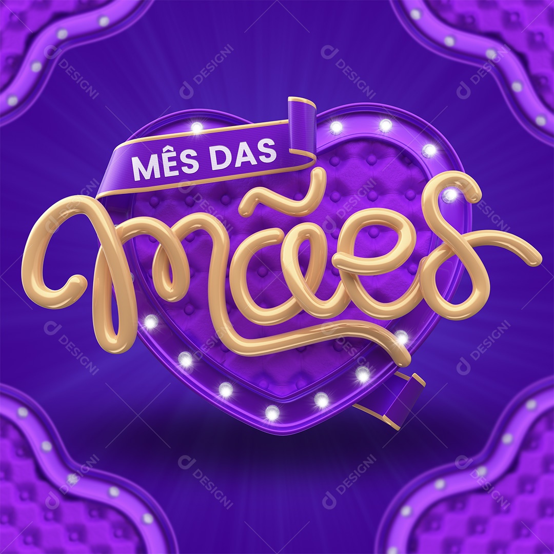 Mês das Mães Selo 3D Roxo e Dourado para Composição PSD