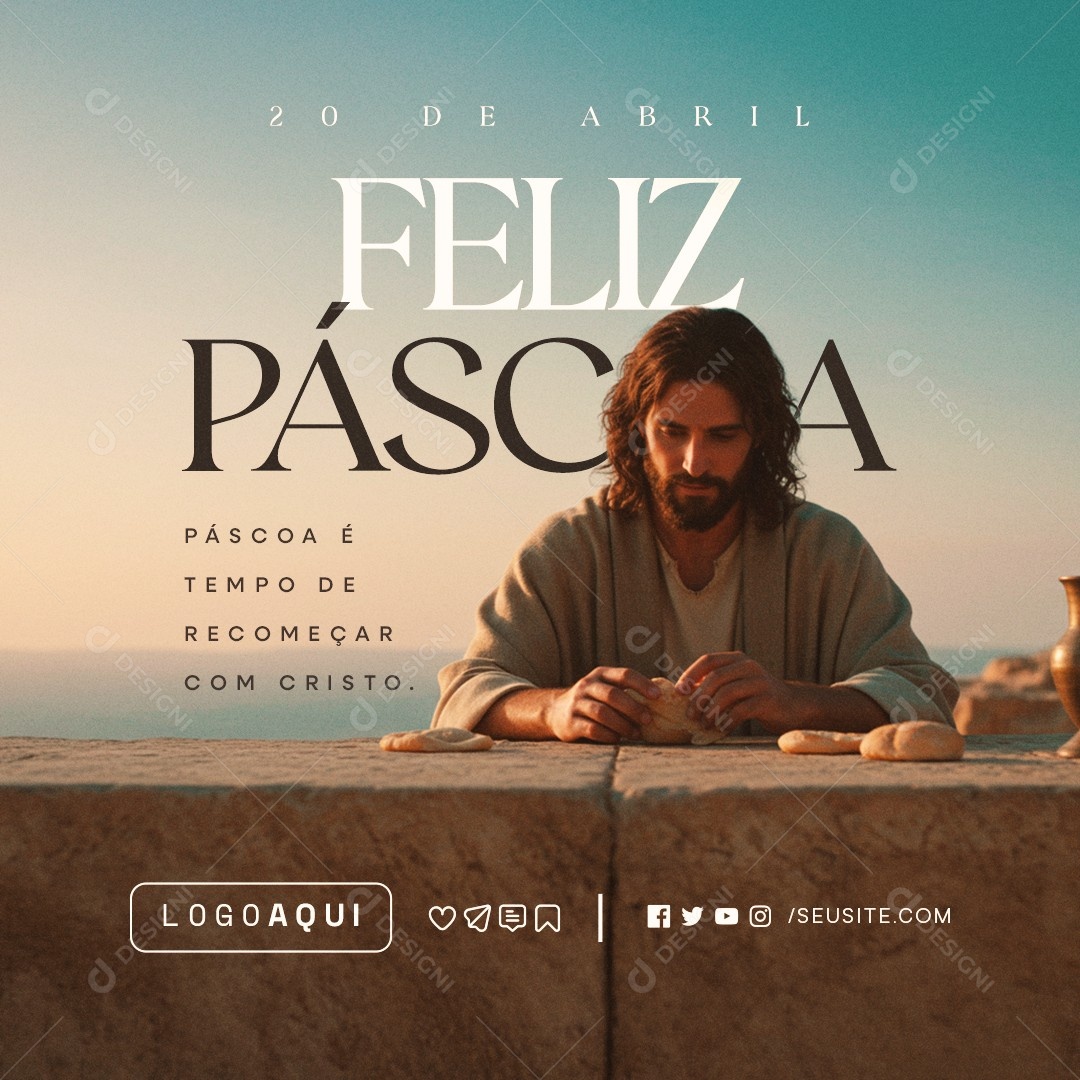 Feliz Páscoa 20 de Abril Tempo dee Recomeçar com Cristo Social Media PSD Editável