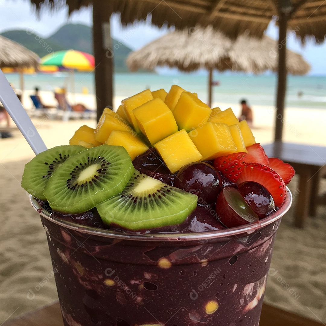 Taça de açaí refrescante com cobertura de frutas frescas em um fundo de praia tropical