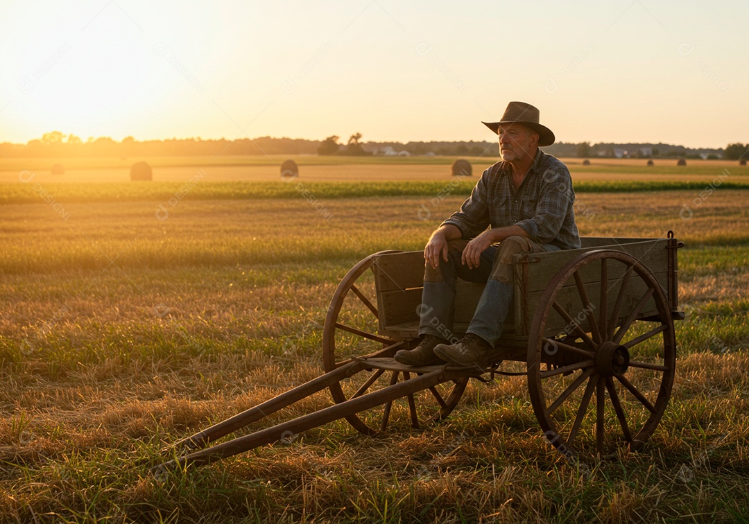 Homem meia idade trabalhador trabalhando em uma fazenda andando de carroça sobre plantio