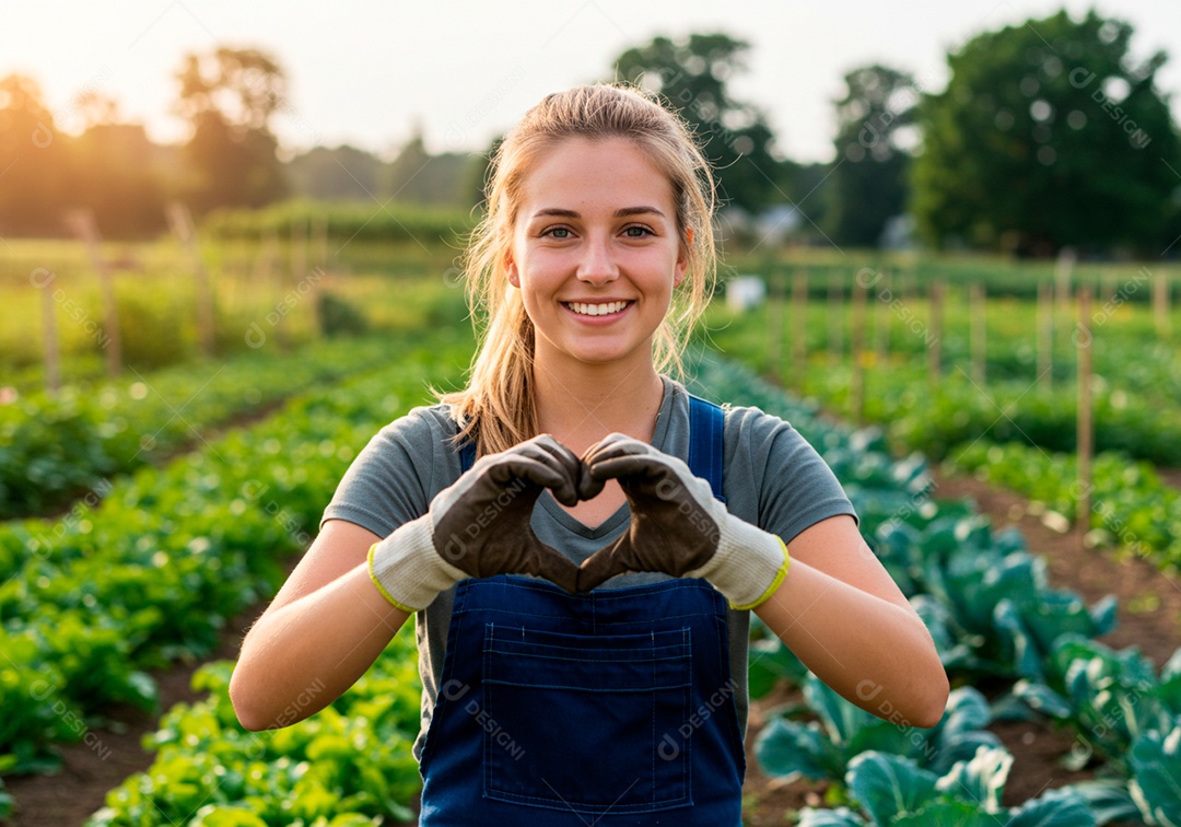 Mulher jovem trabalhadora trabalhando em uma fazenda fazendo gestos de coração com as mãos
