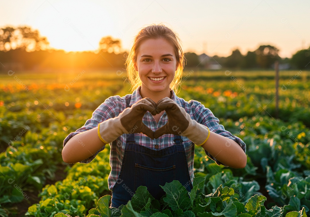 Mulher jovem trabalhadora trabalhando em uma fazenda fazendo gestos de coração com as mãos