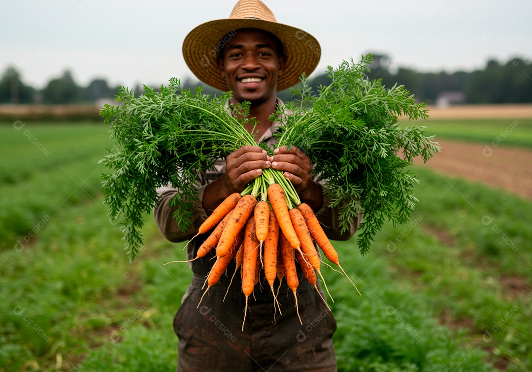 Homem jovem trabalhador trabalhando em uma fazenda segurando cenouras sobre plantio