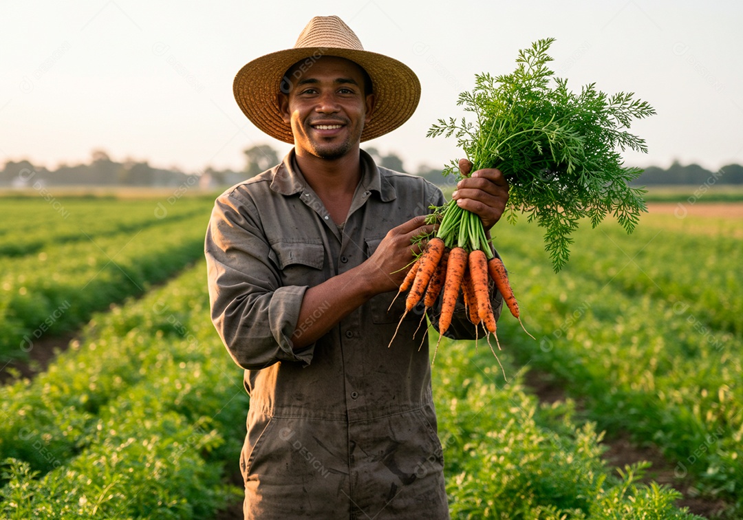 Homem jovem trabalhador trabalhando em uma fazenda segurando cenouras sobre plantio