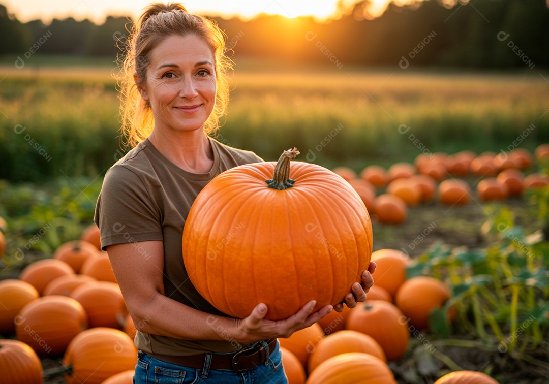 Mulher jovem trabalhadora trabalhando em uma fazenda segurando Abóbora sobre plantio