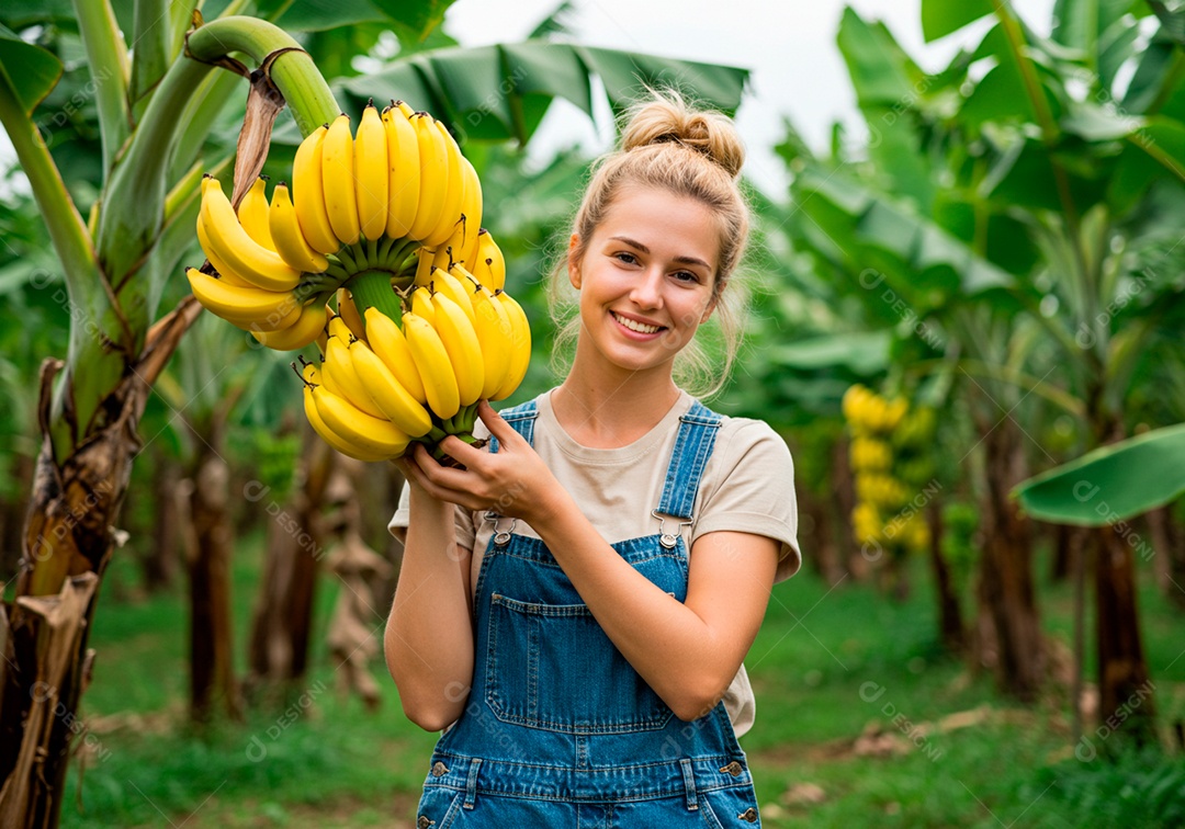 Mulher jovem trabalhadora trabalhando em uma fazenda segurando cacho de banana