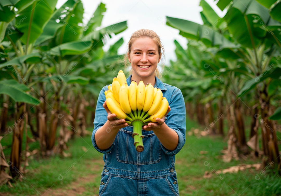 Mulher jovem trabalhadora trabalhando em uma fazenda segurando cacho de banana