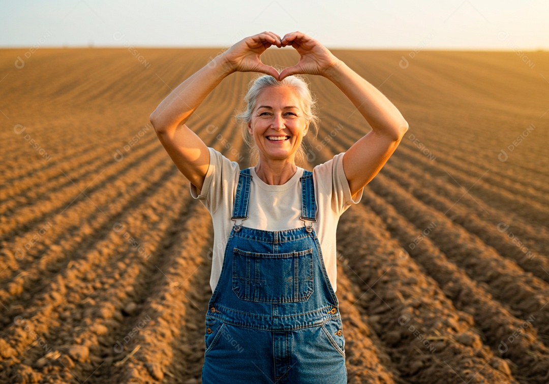 Mulher meia idade trabalhadora trabalhando em uma fazenda fazendo gesto de coração com as mãos