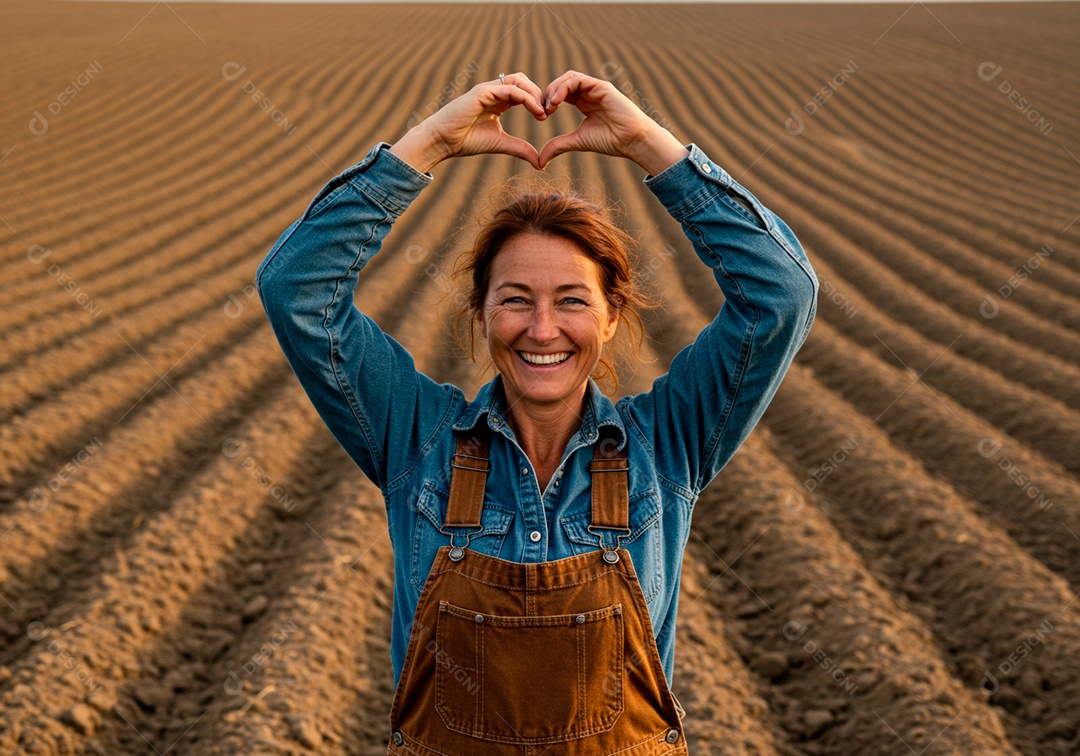 Mulher meia idade trabalhadora trabalhando em uma fazenda fazendo gesto de coração