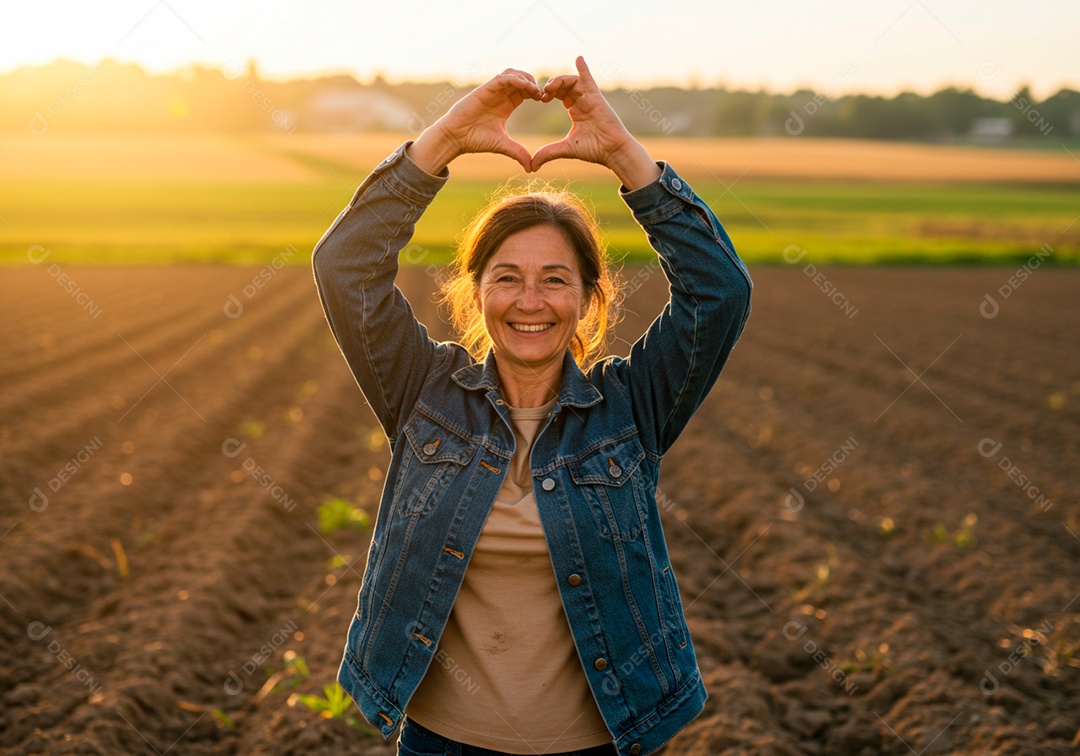 Mulher meia idade trabalhadora trabalhando em uma fazenda fazendo gestos de coração