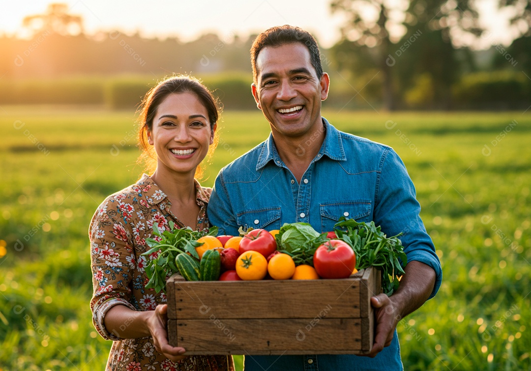 Homem e mulher jovens agricultores sobre uma fazenda