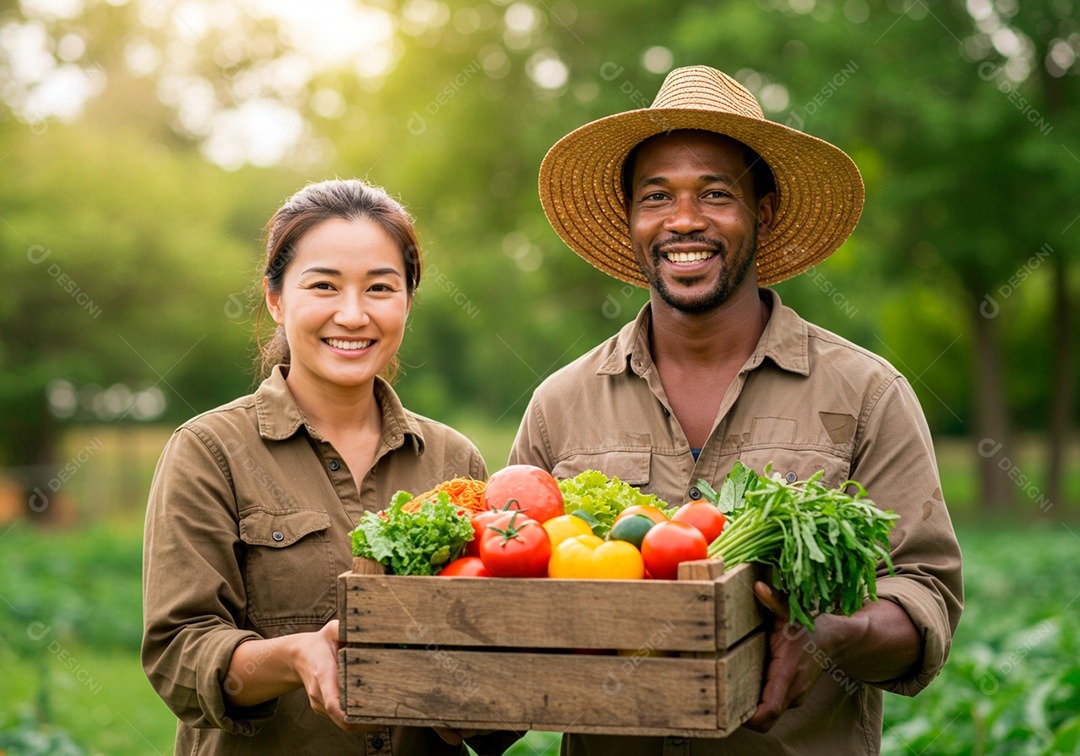 Homem e mulher jovens agricultores sobre uma fazenda