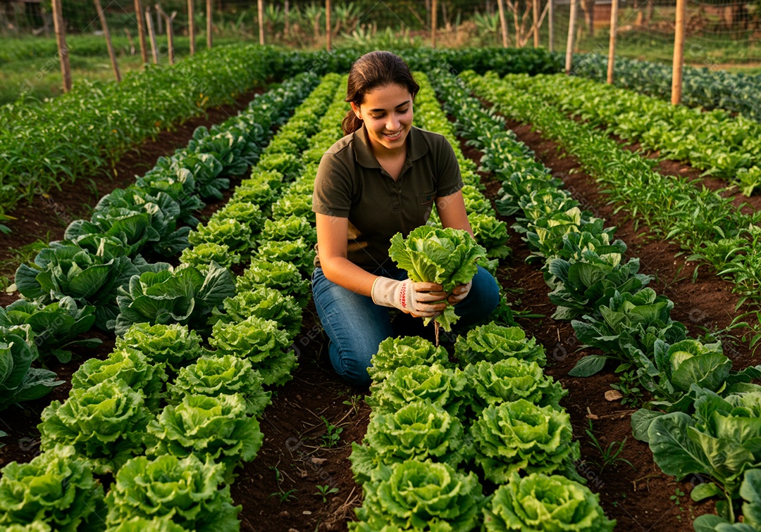 Mulher jovem trabalhadora trabalhando em uma fazenda sobre uma plantação