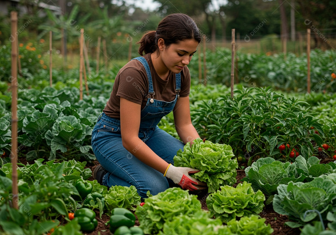 Mulher jovem trabalhadora trabalhando em uma fazenda