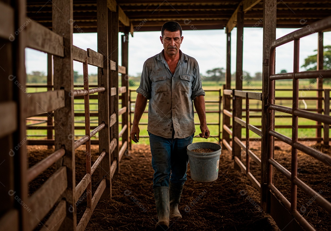 Homem meia idade trabalhador trabalhando em uma fazenda sobre curral