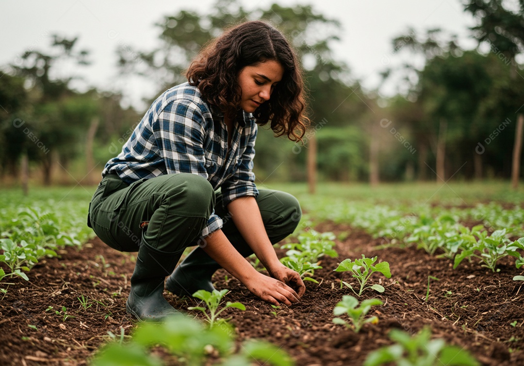 Mulher jovem trabalhadora trabalhando em uma fazenda