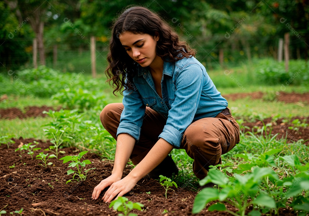 Mulher jovem trabalhadora trabalhando em uma fazenda