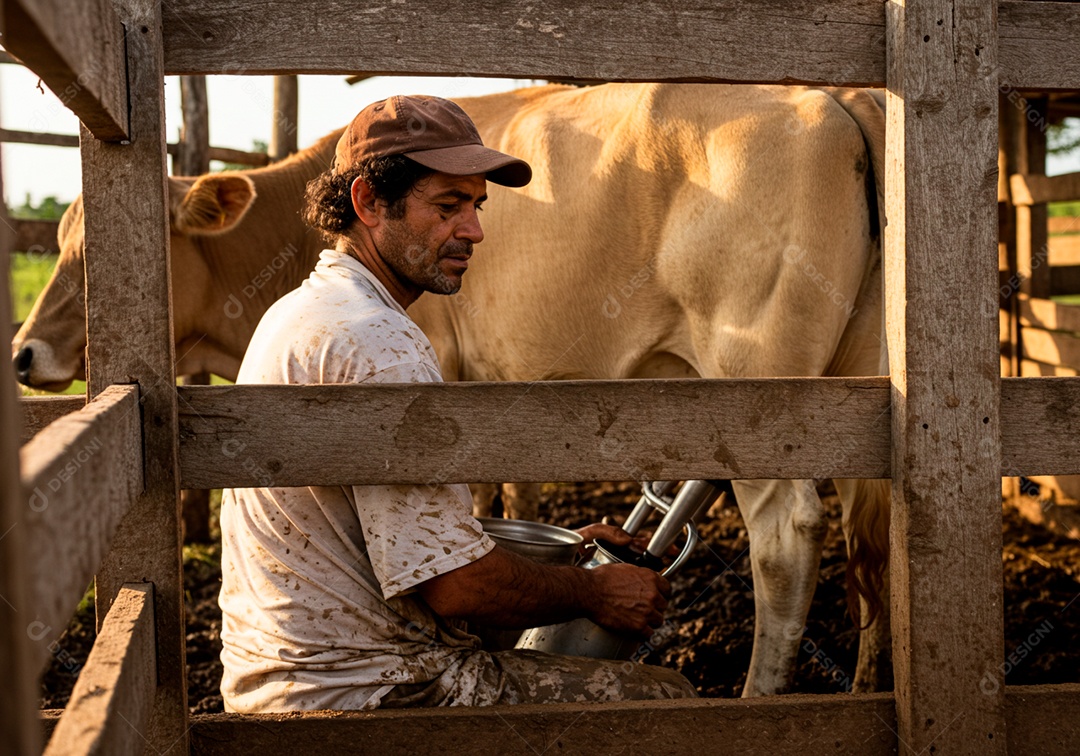 Homem meia idade trabalhador trabalhando em uma fazenda ordenhando vaca