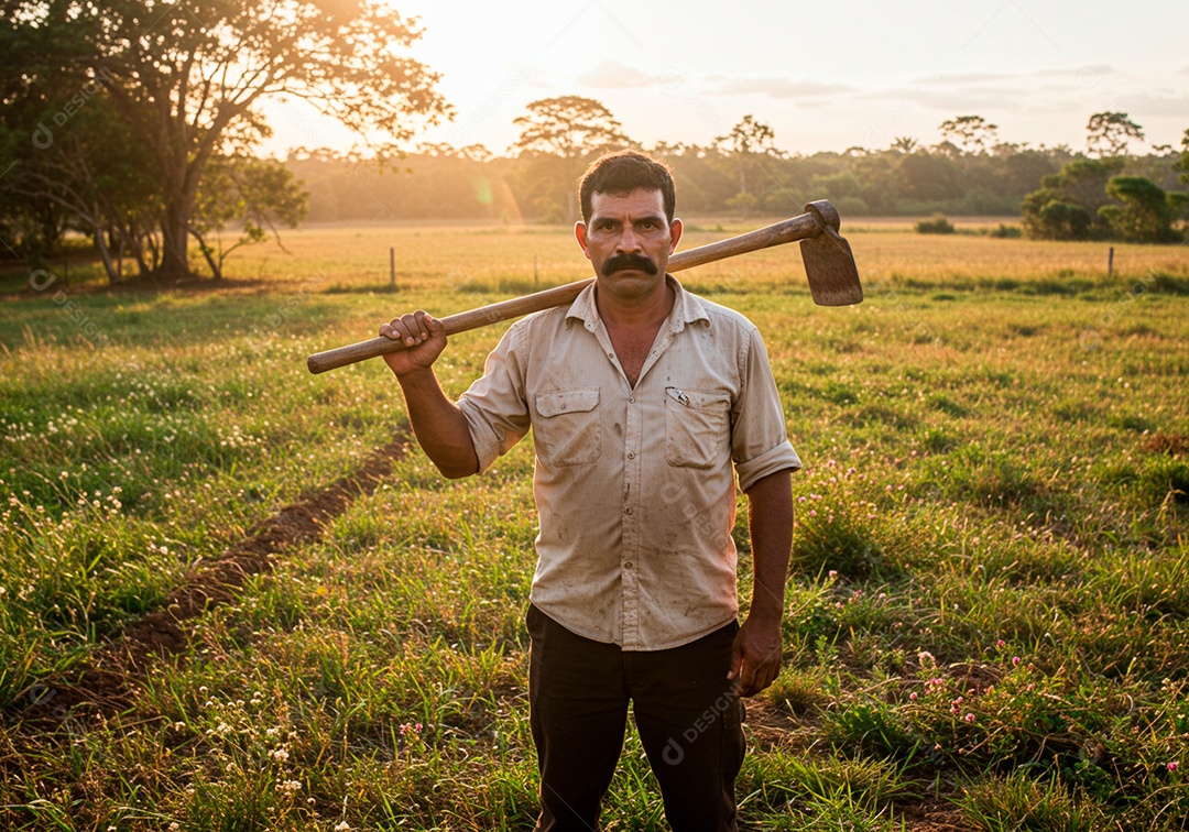 Homem meia idade trabalhador trabalhando sobre fazenda
