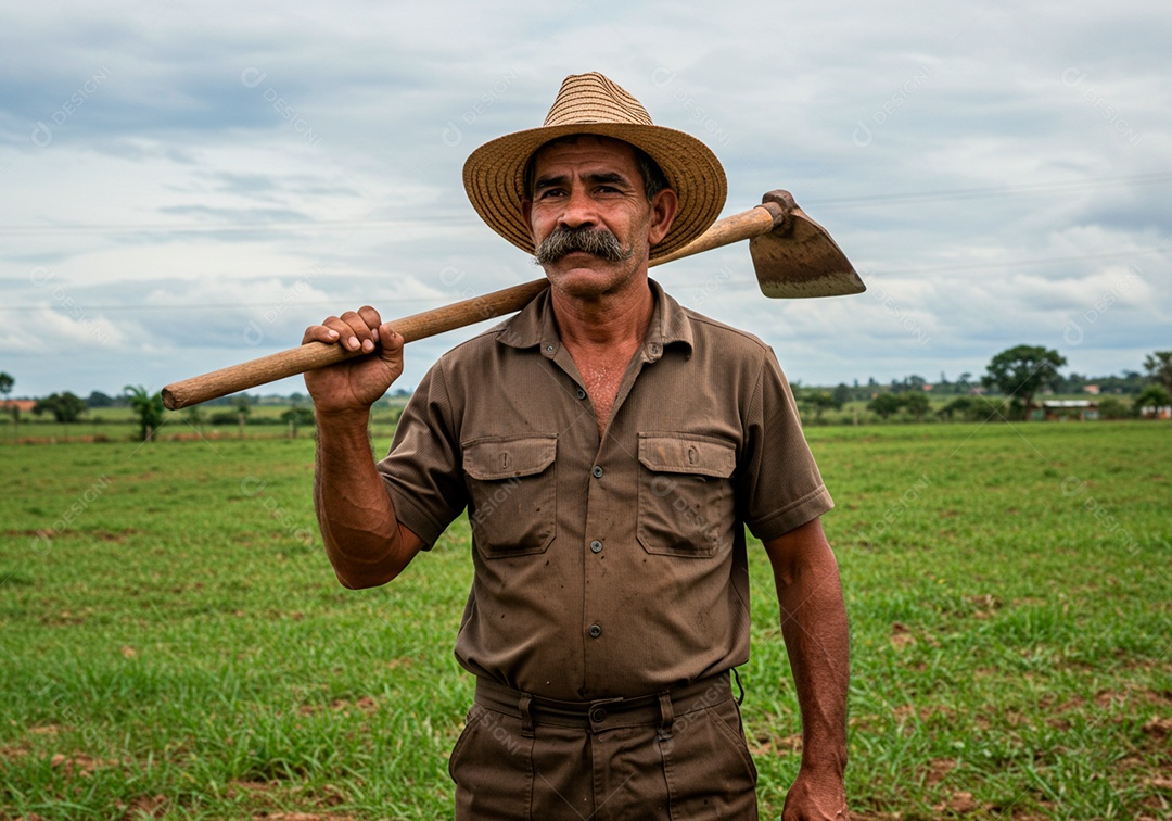 Homem meia idade trabalhador trabalhando sobre fazenda