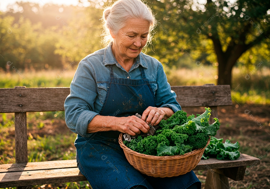 Mulher meia idade trabalhadora trabalhando em uma fazenda segurando uma cesta com alface
