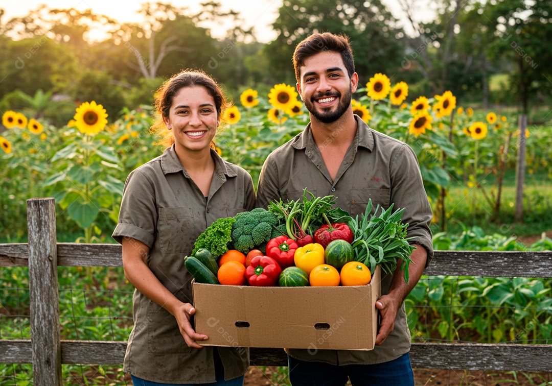 Homem e mulher jovens agricultores sobre uma fazenda