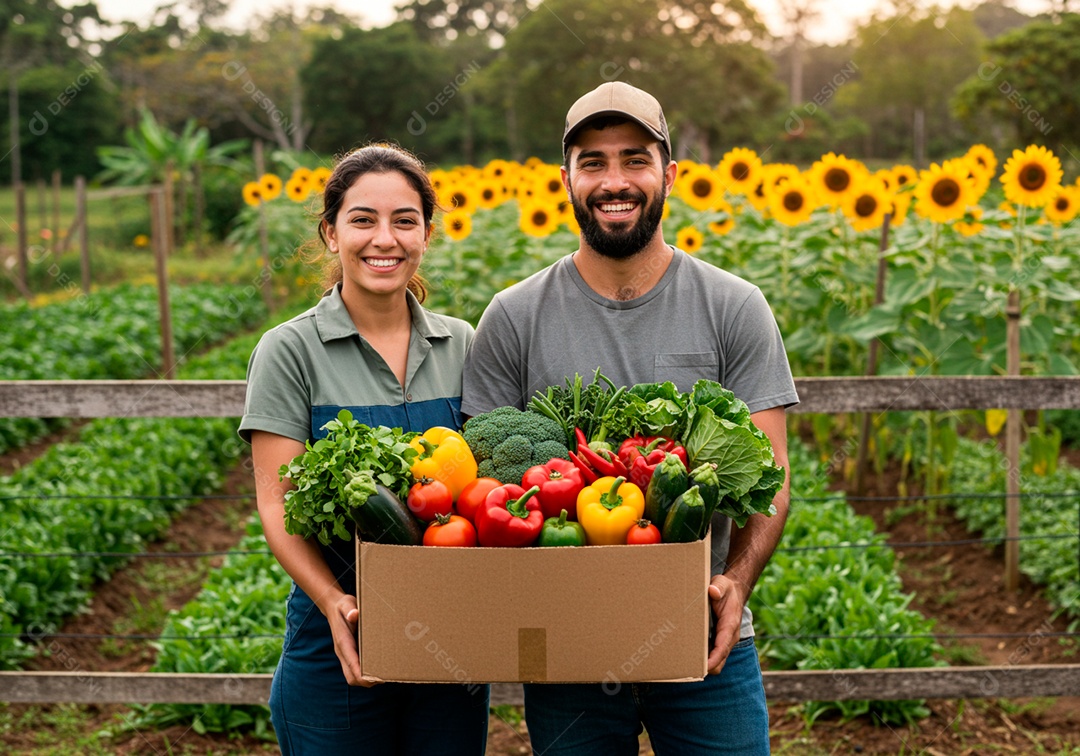Homem e mulher jovens agricultores sobre uma fazenda