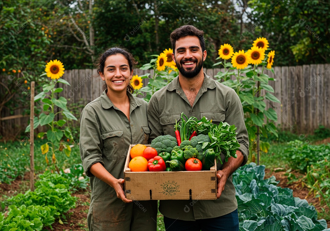 Homem e mulher jovens agricultores sobre uma fazenda segurando caixa com verduras