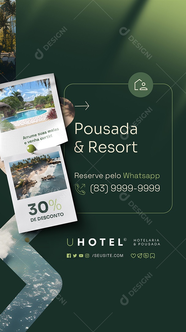 Story Hotelaria e Pousada Arrume suas Malas e Venha Curtir 30% de Desconto Social Media PSD Editável