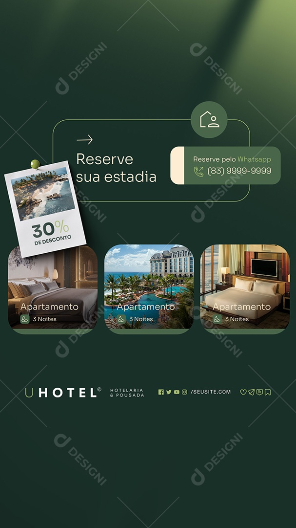 Story Hotelaria e Pousada Reserve sua Estadia 30% de Desconto Social Media PSD Editável